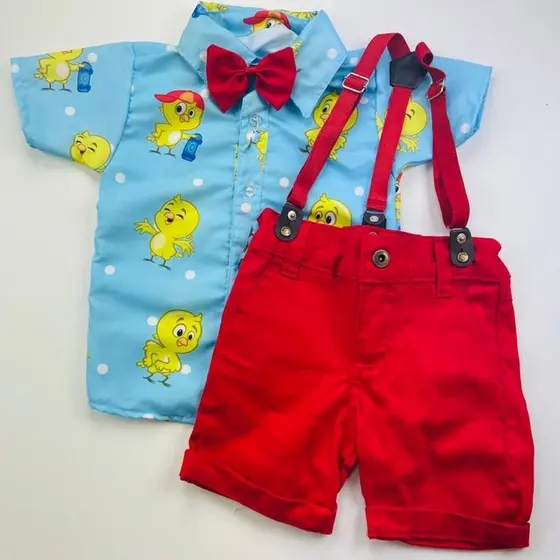 CONJUNTO PINTINHO AMARELINHO roupa Temático  Infantil Para Menino Camisa Gravata Bermuda e Suspensório