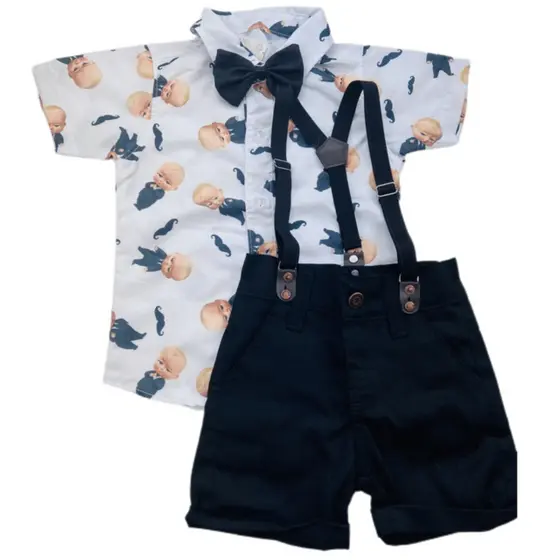 Roupa do PODEROSO CHEFINHO ESTAMPADO LOIRO temática conjunto infantil menino Camisa Gravata Bermuda e Suspensório