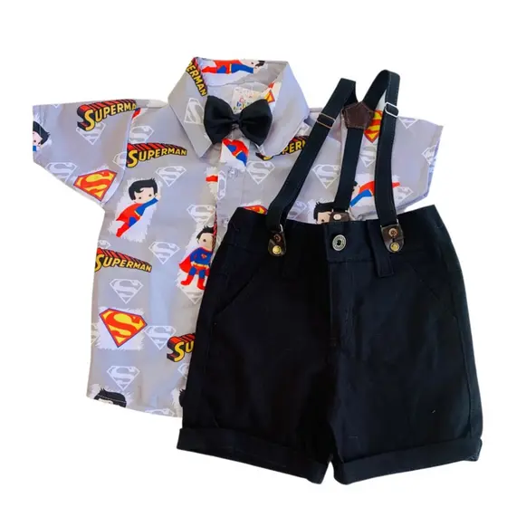 camisa temática COM BERMUDA para menino SUPERMAN - acompanha gravata e suspensório