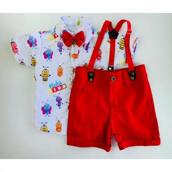 Conjunto BICHIKIDS infantil Menino temático roupa infantil  Camisa Gravata Bermuda e Suspensório