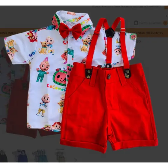 Conjunto COCOMELOM infantil menino, camisa, gravata, bermuda e suspensório