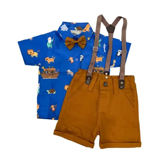 CONJUNTO roupa ARCA DE NOÉ temático roupa festa infantil para menino Camisa Bermuda e Suspensório