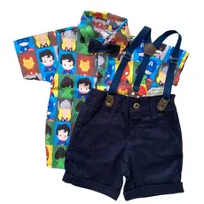 conjunto VINGADORES/VERMELHO temático roupa infantil para menino Gravata Bermuda e Suspensório