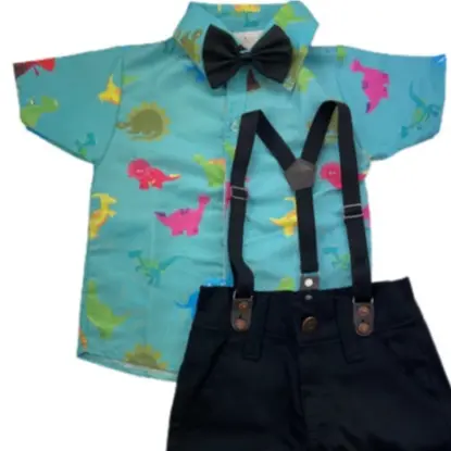 CONJUNTO DINOSSAURO tematica completa roupa infantil Camisa Gravata Bermuda e Suspensório