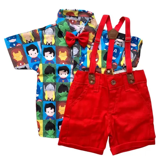 CONJUNTO tema HEROIS VINGADORES para menino, roupa Camisa Gravata Bermuda e Suspensório festa