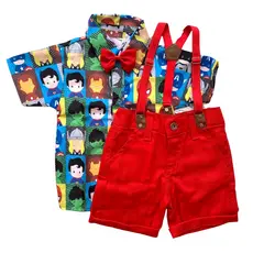 CONJUNTO tema HEROIS VINGADORES para menino, roupa Camisa Gravata Bermuda e Suspensório festa
