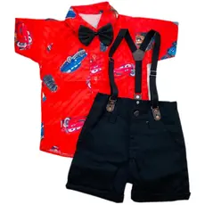 CONJUNTO tema CARROS MCQUEEN roupa infantil menino festa Camisa Gravata Bermuda e Suspensório