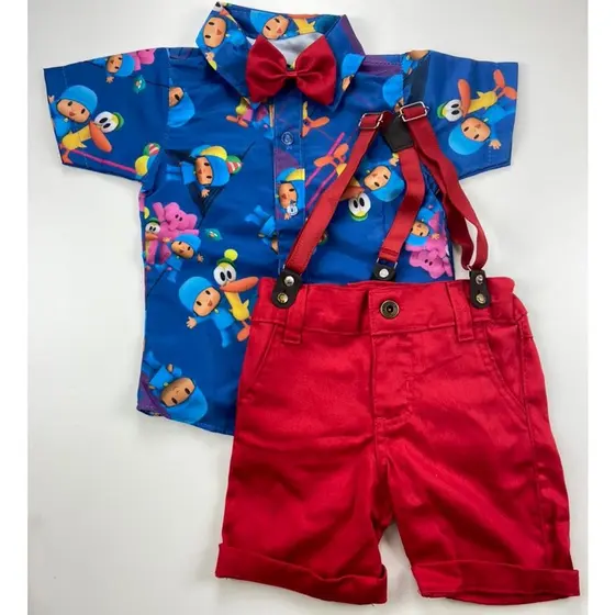 CONJUNTO tema POCOYOroupa tematica infantil festa de menino Camisa Gravata Bermuda e Suspensório