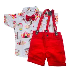 CONJUNTO tema CIRCO para menino, roupa de suspensorio festa temática Camisa Gravata Bermuda e Suspen