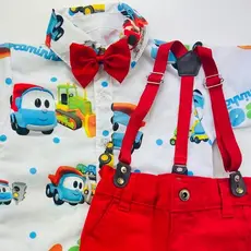 Roupa do LEO O CAMINHÃO infantil para meninos conjunto  com Camisa Gravata Bermuda e Suspensório