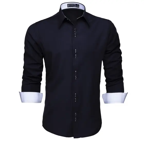 Camisa Social Masculina Slim Manga Longa Preta com Detalhes Brancos Fácil de Passar