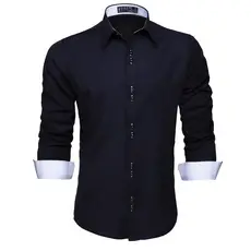 Camisa Social Masculina Slim Manga Longa Preta com Detalhes Brancos Fácil de Passar