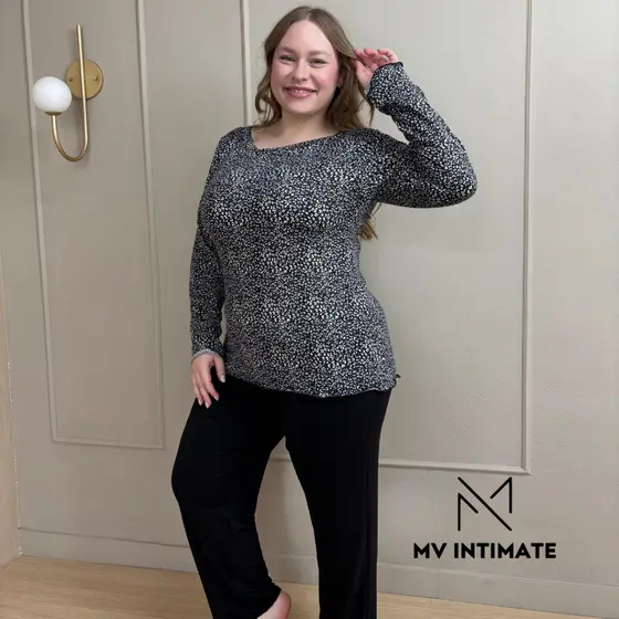 Pijama Plus Size Longo Suede Feminino Inverno Manga Longa Frio