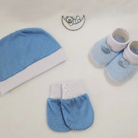 Kit Touca + Sapatinho + Luva para Bebê e Recém Nascido | AZUL