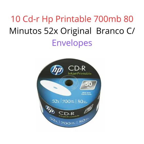 10 Cd-r Hp Printable 700mb 80 Minutos 52x Original  Branco C/ Envelopes
