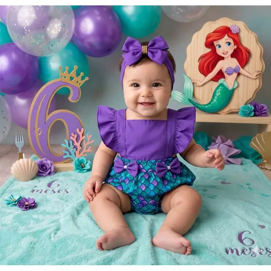 Romper Body Fantasia Bebê Menina Pequena Sereia + Laço