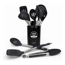 Lumai Jogo 10 Utensílios Cozinha Silicone Cabo Inox Espátula Colher Pegador Concha Kit
