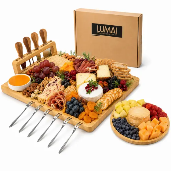 Lumai Kit Tábua Queijos Frios Petisqueira Bambu Facas Garfos Potes Cerâmica Servir Churrasco