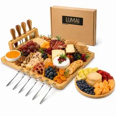 Lumai Kit Tábua Queijos Frios Petisqueira Bambu Facas Garfos Potes Cerâmica Servir Churrasco