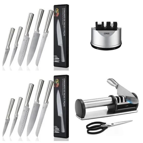 Lumai Kit Jogo de Facas Zurich de Aço Inox Cozinha + Afiador Amolador Acessório para Amolar Faca