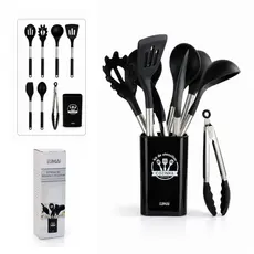 Lumai Kit 8 Utensílios Cozinha Silicone Inox Preto Espátula Colher Concha Pegador Balde