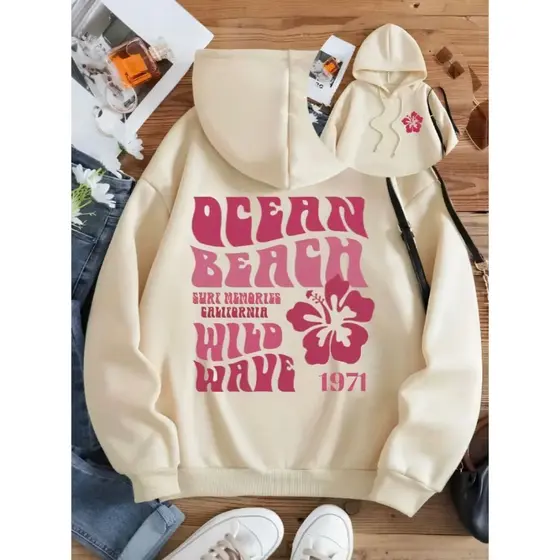 Moletom Canguru Feminino Aesthetic Ocean Beach Blusa de Frio Com Capuz Streetwear Oversized PlusSize