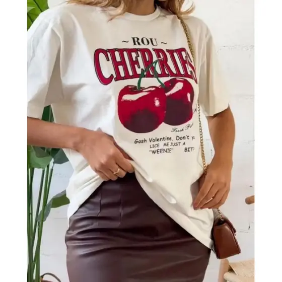 T-SHIRT CAMISETA MODA FEMININA LINHA FRUTAS TROPICAIS CHEIRRIES PLUS SIZE G1 G2 G3 G4 G5 CEREJA