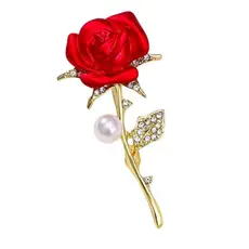 Pin Broche Rosa Vermelha Flor Perola Strass Dourado Metal