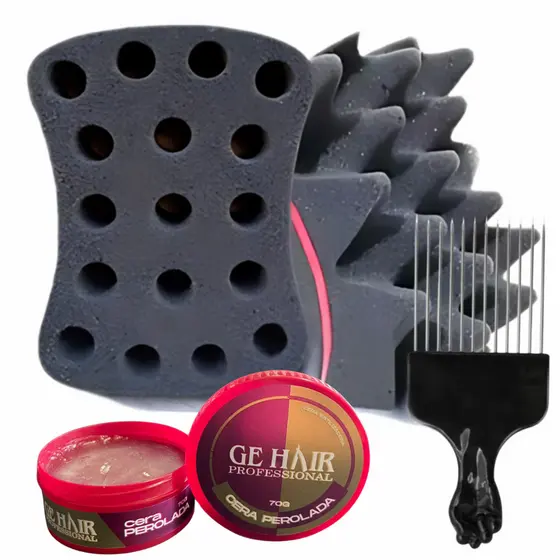 Kit Esponja Nudred Dupla Enrolar Cabelos M 16mm + Cera + Pente Afro