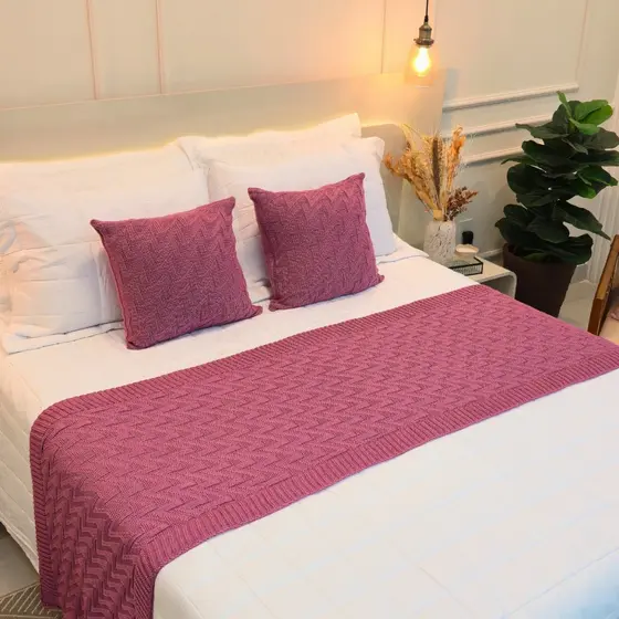 Kit Peseira Manta Tricot Sofá Cama Casal Queen Ondulê Home Decor + 2 Capas Almofadas