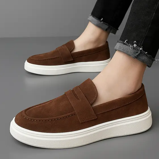 Loafer Masculino Mocassim Sneaker em Couro Camurça Luxo Café Sola Alta Confortavel Macio Flexivel