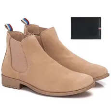Botina Chelsea Areia Casual Masculina Bege Couro Camurça Costurada Alta Qualidade + Carteira