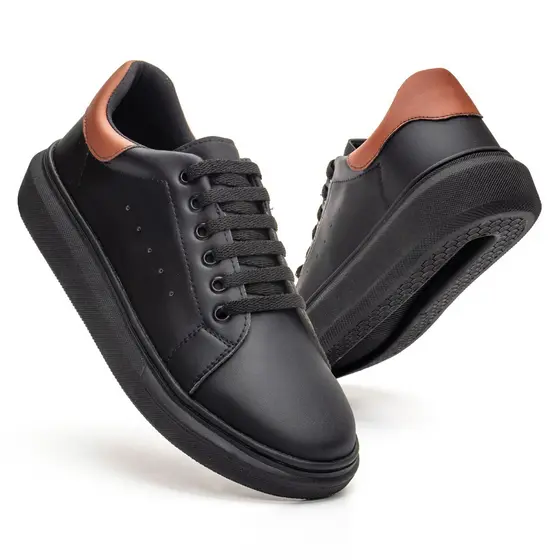 Sapatenis Casual Sola Alta Preta Oversize Sneaker Preto e Caramelo Ajuste Cadarço