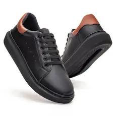 Sapatenis Casual Sola Alta Preta Oversize Sneaker Preto e Caramelo Ajuste Cadarço