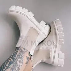 Bota Feminina Casual Elastico Couro Ecologico Chelsea Sola Tratorada Cano Medio Plataforma
