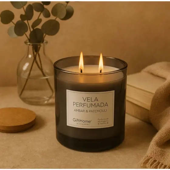 Vela Perfumada Aromatica com Tampa de Bambu Premium Ambar-Pera Inglesa Lichia Patchouli Lavanda