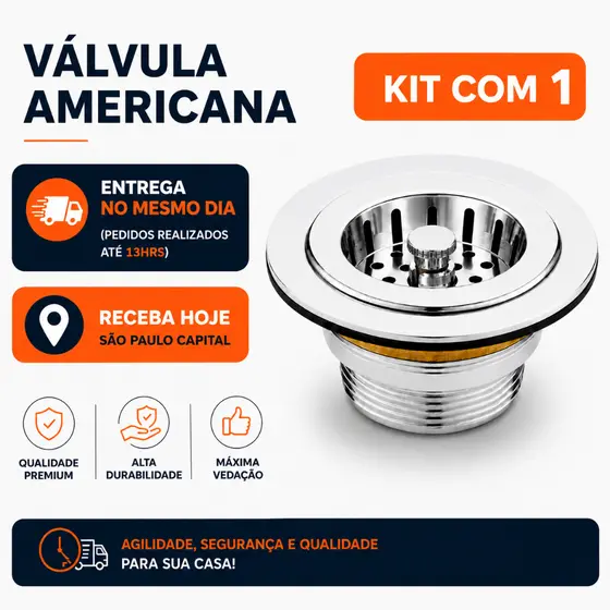 Válvula Americana 1.1/2 Cromada Premium | 1 Unidade | Pia Cozinha Cestinha Removível | Chega Hoje