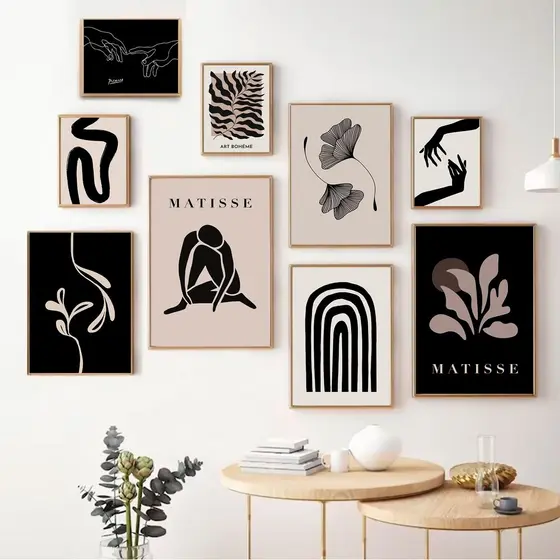 Kit 9 Quadros Decorativos Boho Bege e Preto Galeria De Arte