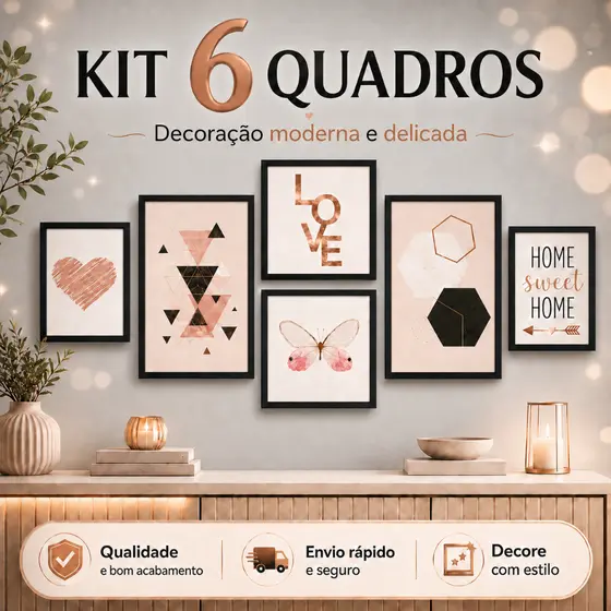 Kit 6 Placas Quadros Decorativos Frases abstrato Geometrico Coração Diversos