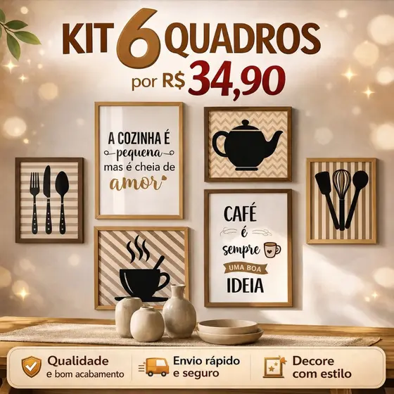 Kit 6 Quadros Decorativos Para Sala Quarto Copa Cozinha Cantinho do Café Frases