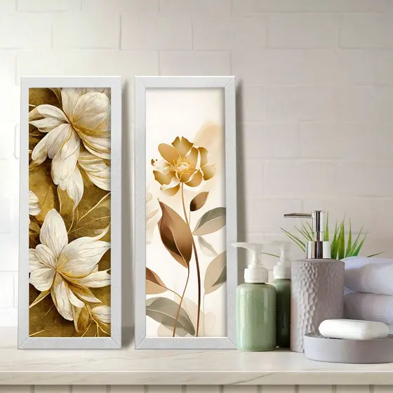 Kit 2 Quadros Decorativos Banheiro Lavabo Floral Dourado Claro