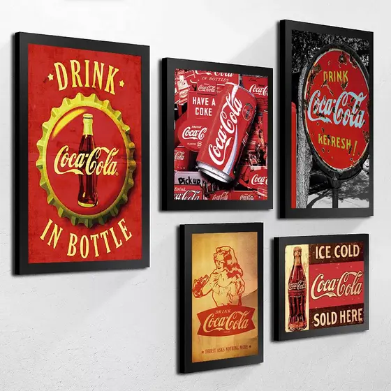 Kit 5 Quadros Decorativos Para Sala Quarto Cozinha Copa Area Churrasco Gourmet Bebida Coca-Cola