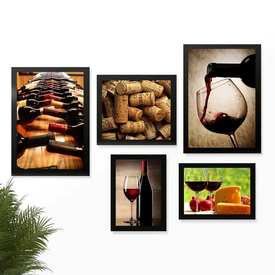 Kit 5 Quadros Decorativos Cantinho do Vinho
