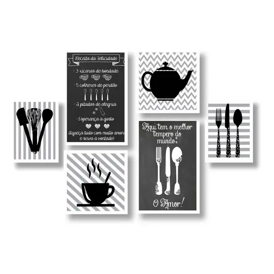 Kit 6 Quadros Decorativos Cantinho do Café Preto e Branco