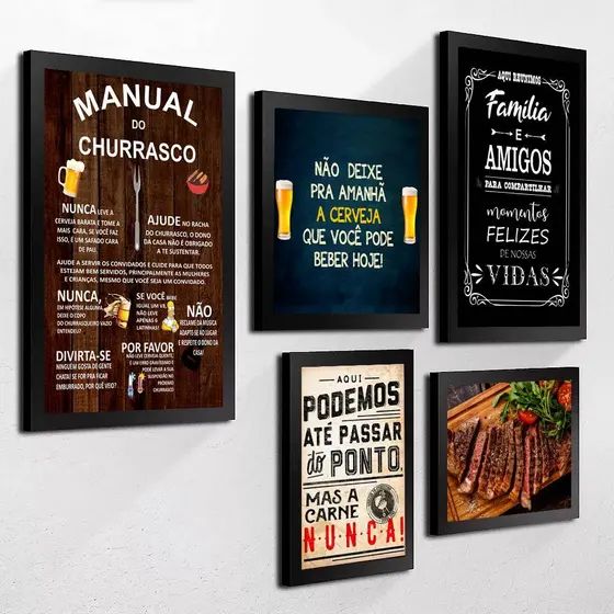 Kit 5 Quadros Decorativos Área de Churrasco Manual do Churrasquiero