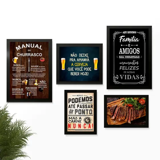 Kit 5 Quadros Decoração Placas Area Churrasco Cerveja Marcas Bar Buteco Bebidas Whiskys Vinhos 60x70