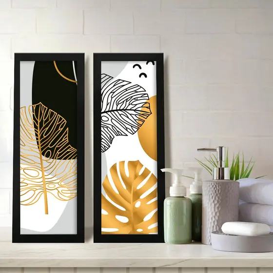 Kit 2 Quadros Decorativos Banheiro Lavabo Floral Gold