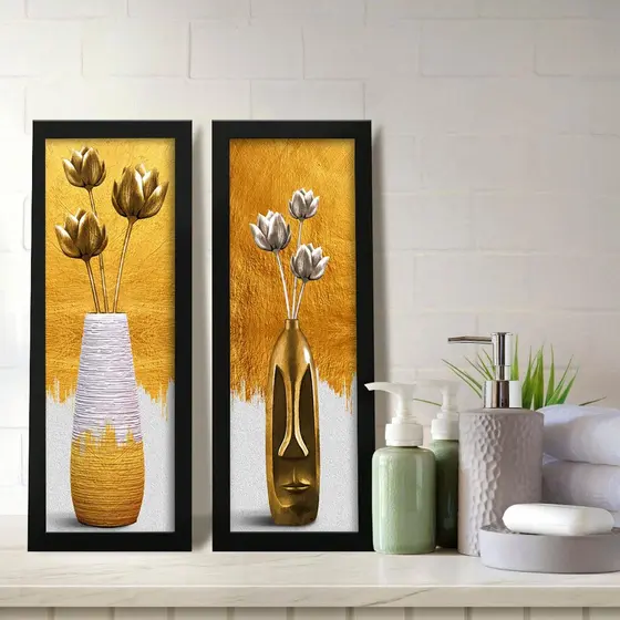 Kit 2 Quadros Decorativos Banheiro Lavabo Gold Vaso Flores