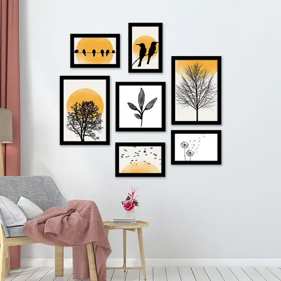 Kit 7 Quadros Decorativos Placas Natureza Amarela Pássaros