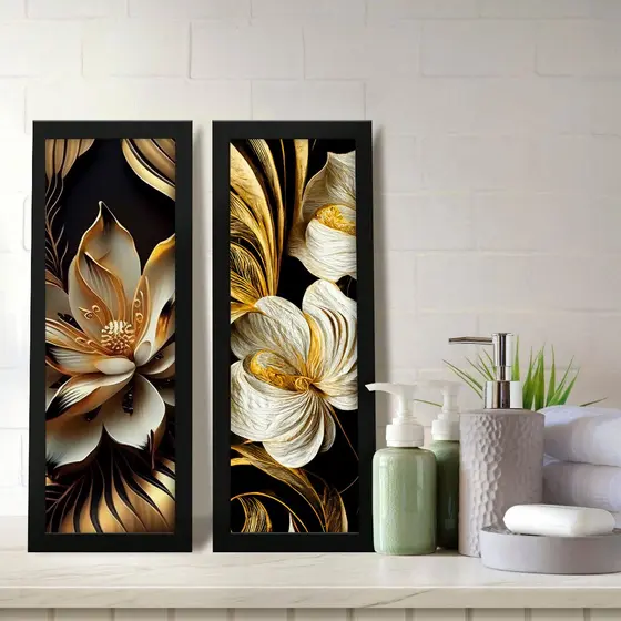 Kit 2 Quadros Decorativos Banheiro Lavabo Floral Preto Branco e Dourado